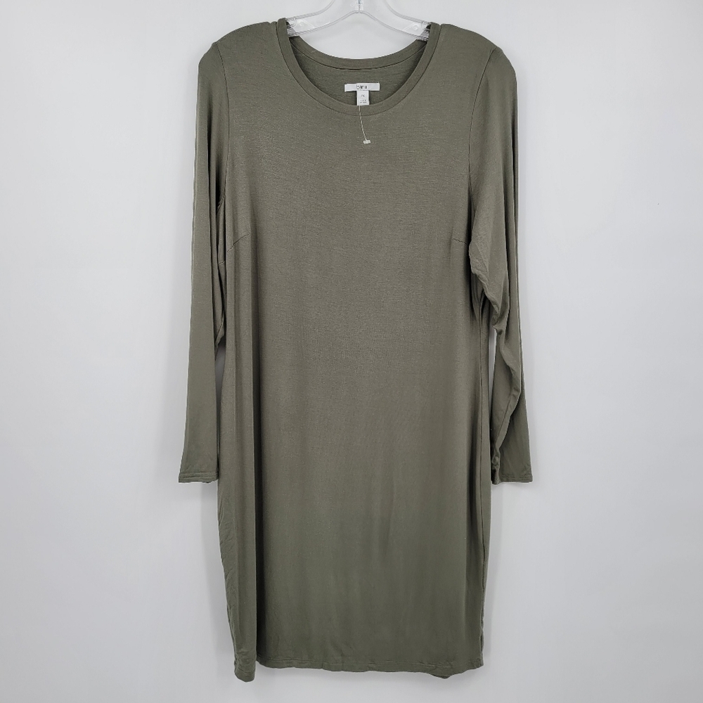 Bar III Olive Green Long-Sleeve Draped Shift Dress